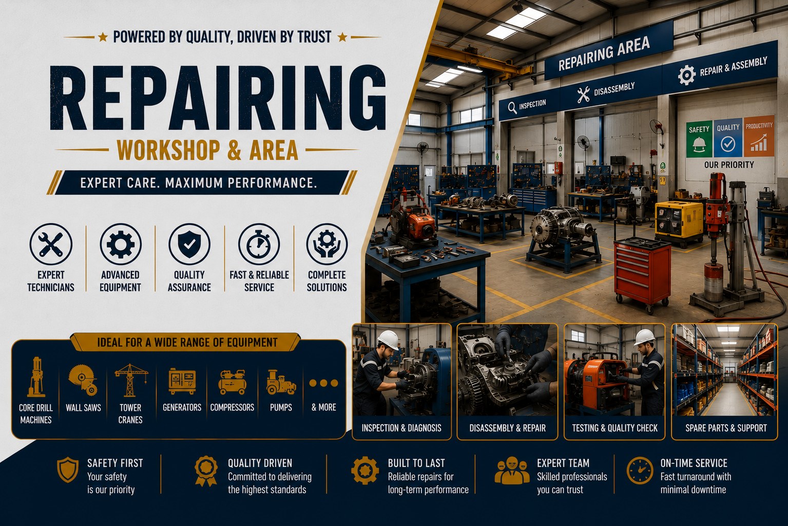 Professional repair area for construction equipment and motors